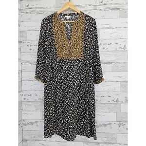 J. Jill Navy Floral Embroidered Split Neck Rayon Shift Dress Pockets Womens M